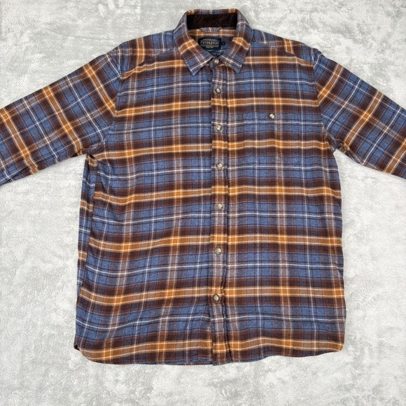 Pendleton Men's Flannel Medium Blue Brown Plaid Button Down Shirt - Picture 4 of 16